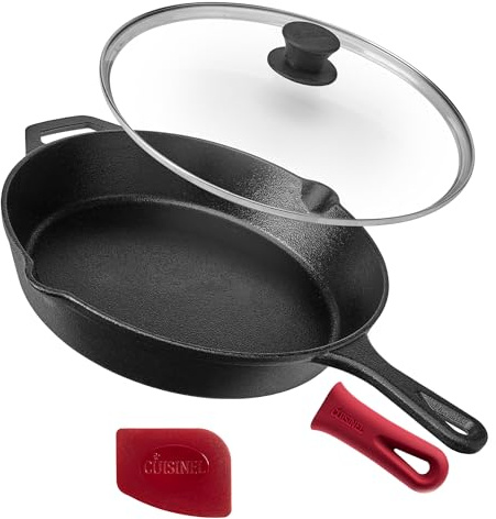 cuisinel Cast Iron Skillet + Glass Lid - 12-inch / 30.48cm + Silicone Handle Cover - Pre-Seasoned Oven Safe Cookware - Indoor/Outdoor - BB Grill, Stove Top, Hob and Induction Safe