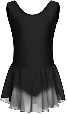 tanzmuster Kinder Ballettkleid Polly aus glänzendem Lycra mit breiten Trägern und Chiffon Röckchen in schwarz, Größe:140/146