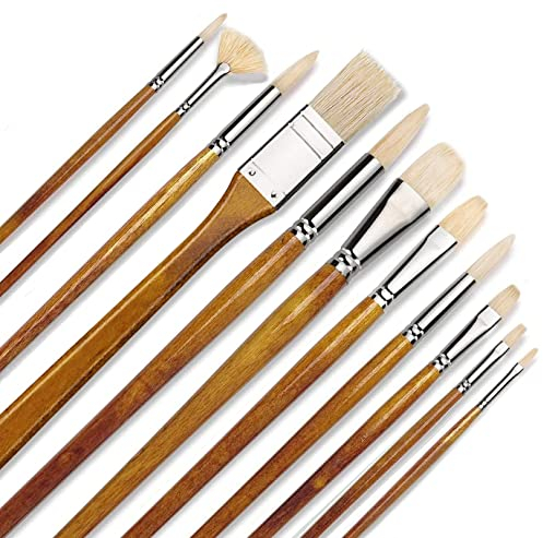 Fuumuui Oil Paint Brushes,11pcs Pure Hog Bristles Professional Paint Brush Set,Natural Chungking Hog Bristle Artist Brushes for Oil Acrylic Painting