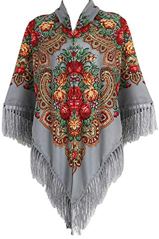 Gudessly 157,5 x 157,5 cm surdimensionné pour femme traditionnel rétro écharpe Wrap Tassel Franges Floral Poncho Châle Impression Châle, gris, taille unique