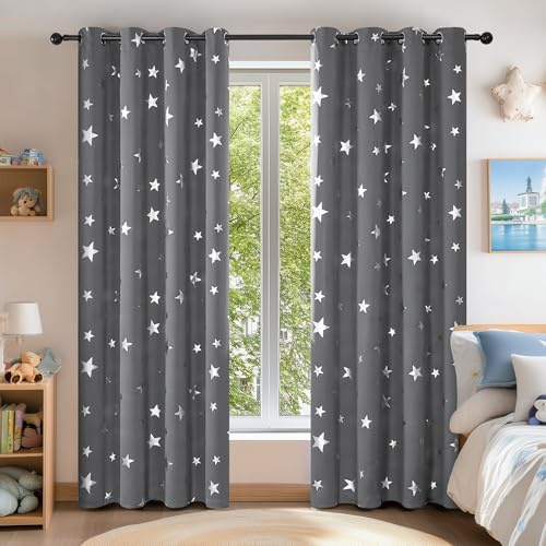 Deconovo Cortinas Opacas con Aislamiento Térmico Estrellas Plateadas para Salón Oficina Hotel Decorativas con Ojales 2 Piezas 140x180cm Gris Claro