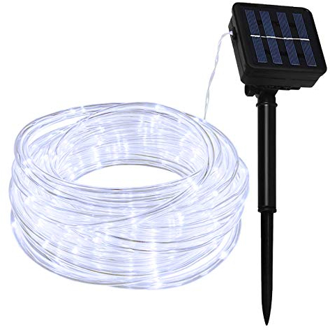 Lamker 10M 100 LED Manguera Guirnaldas Luces Exterior Solar Blanco Cadena de Luz 8 Modos IP65 Impermeable Tubo Iluminación Decorativa para Jardín Balcón Terraza Navidad Fiestas Luces de Hadas
