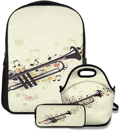Ensemble de Sacs à Dos pour l'école,Chanson d'instrument de Musique Abstraite Trompette Note Jazz Horn Melody Bugle Son Grunge,avec Sac à Lunch et Trousse à Dos pour Adolescents
