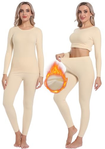 INNERSY Thermo Unterwäsche Frauen Warme Funktionsunterwäsche Damen Oberteil und Leggings Set (XS, Warmes Beige)