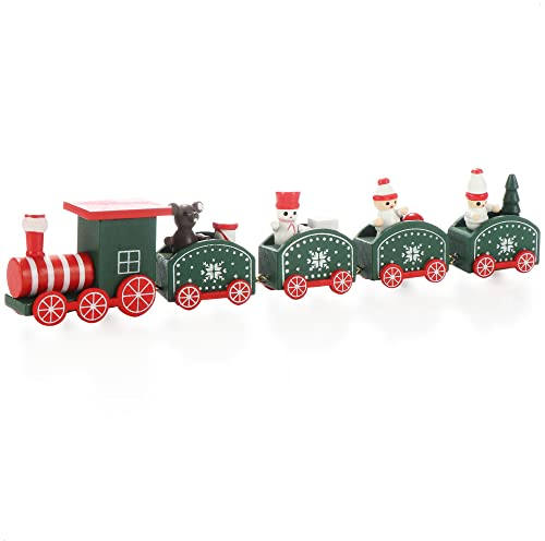 COM-FOUR® Weihnachtszug mit Vier Anhängern aus Holz - dekorativer Christmaszug - weihnachtliche Tischdekoration - Holzeisenbahn (Holz grün)