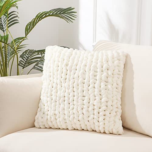 GARLVCAL Cream White Chunky Knit Throw Pillow Covers 1PC 18×18 Square Luxury Style Crochet Pillow Case Fur Pillowcases Decorative Pillow Shell for Sofa Bedroom Cushion