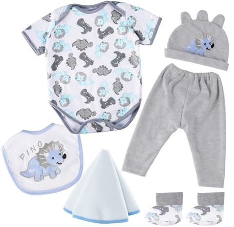 BABESIDE 6 Pcs Reborn Baby Doll Clothes for 17-22 Inch Babydolls, Dinosaurs Pattern Lifelike Reborn Baby Doll Accessories with Hat Bib and Socks for Realistic Baby Dolls Boy & Girl