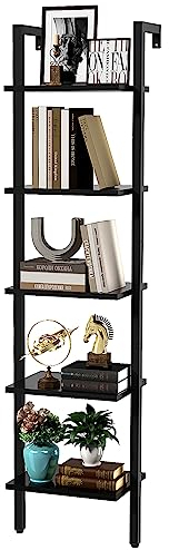 YMYNY Leiterregal mit 5 Ebenen, Bücherregal, DIY Standregal, Regal aus Holz, Metallrahmen, Wandmontage, für Bücher, Dekoration, Pflantzen, für Wohnzimmer, Büro, Balkon, Schwarz HBC015B