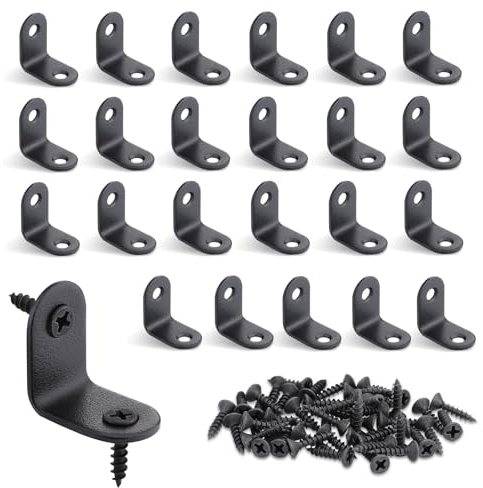 JIZZU Équerre de Fixation Inox 23 x 23mm, 24 Pièces Equerre d'assemblage Angle Droit Support en forme de L, Petite Equerre Etagère pour la Fixation et la Réparation de Meubles (Noir Mat)