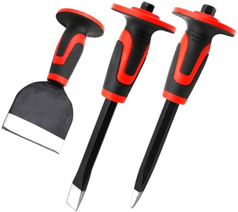 WEDO Burin 3 Pièces,Ensemble de Ciseaux Durables avec Protecteurs pour Béton,Burin de Maçon Plat 11×16mm,Burin de Maçon Pointu 11×16mm,acier au carbone,Burin de Maçon Plat 8×22×100mm Professionnel