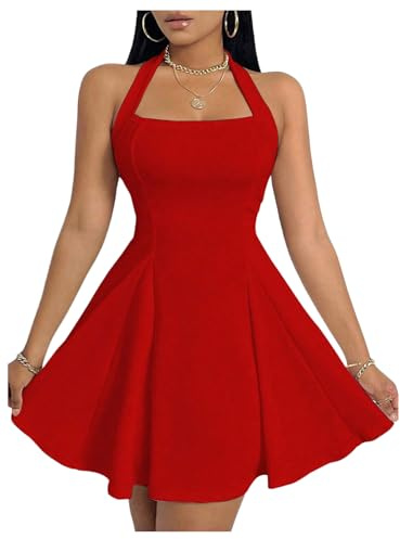 GORGLITTER Women's Halter A Line Mini Dress Sleeveless High Waist Swing Party Cocktail Dresses Red M