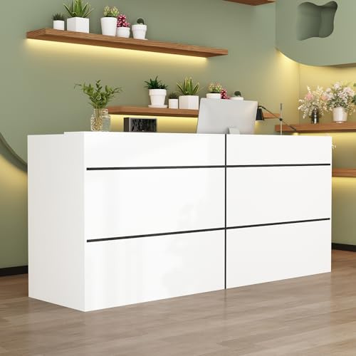 Banco di lavoro con grande superficie, bancone reception tavolo mobile, ufficio con protezione per la privacy, bianco, 220 x 60 x 100 cm