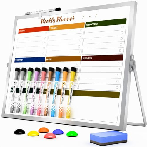 Marsrock Dry Erase White Board with Stand,Double-Sided Weekly Whiteboard 16x12, 10 Markers, 6 Magnets, 1 Eraser, Portable Desktop Whiteboard for Planning,Weekly Schedule Board for School for Home