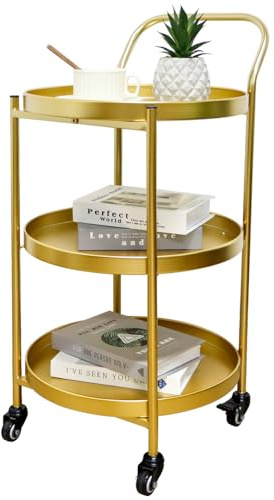 TRIROCKS Elegant 78cm H Gold Rolling Bar Cart 3-Tier Metal Serving Trolley with Wheels, Lockable Casters, Sturdy Storage, and Sleek Finish for Home Kitchen and Entertainment Use (Gold)