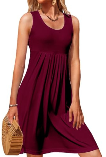 Rayson Abiti Donna Estivi Casual Vestiti Maniche Senza Abiti Elegante Mini Abito a Pieghe Vestito Scollo a U Maniche Senza T Shirt Dress Estiva Donna Miniabito(Bordeaux,S)