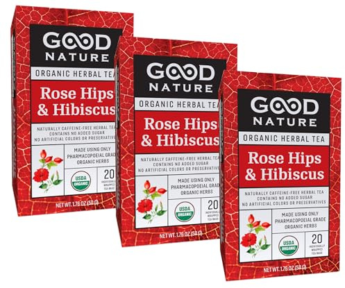 Good Nature Organic Herbal Tea (Pack of 3) - 60 Total Tea Bags (Rose Hips and Hibiscus)
