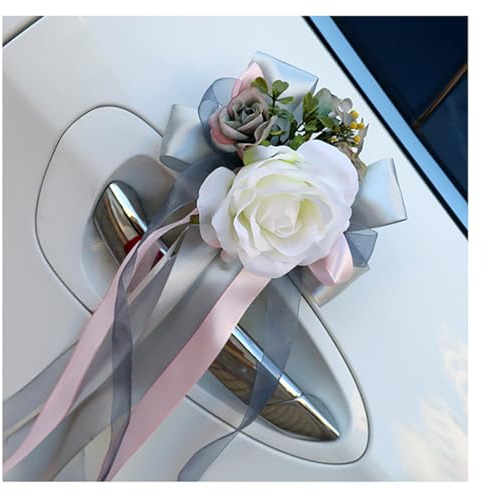Qiantull - Juego de 2 nudos para coche, decoración de boda, espejo retrovisor de coche, manija de puerta, flor artificial, lazo para decoración de coche de boda, decoración de coche