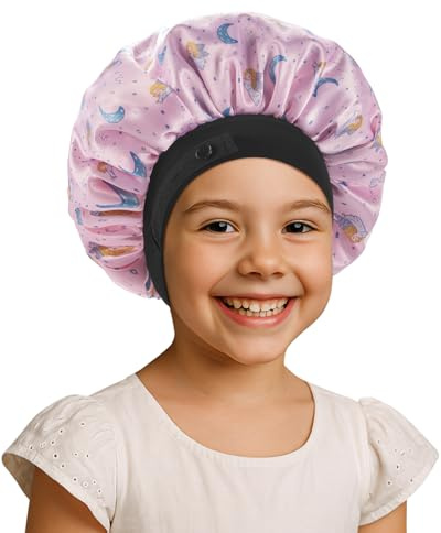 WINSTECK Kids Bonnet, Soft Silk Satin Bonnet for Girls Boys, Double Layer & Wide Elastic Band Kids Sleeping Cap, Adjustable Night Hat for Child Natural Hair Curly Hair (Pink Angel)