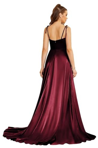Misshow Robe de Bal Longue Elégante en Satin avec la Fente Robe pour Mariage Invitée Femme Temoin Bordeaux L