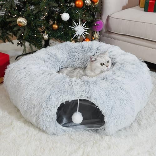 OOZAZEMM Cat Tunnels for Indoor Cats, Cat Tunnel Bed Under Christmas Tree, Collapsible Donut Tunnel for Medium & Large Cat, Peekaboo Cave Toy, Gray