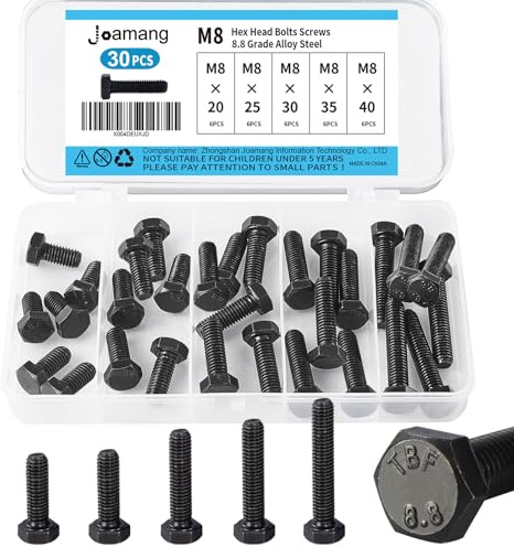 Joamang M8 x 20mm 25mm 30mm 35mm 40mm Hex Bolts, Hexagon Head Screw, 8.8 Grade Alloy Steel, Black Oxide Finish, Metric Full Machine Thread, Assortment Kit 30PCS