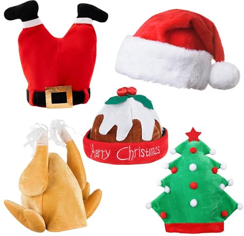 Novelty Christmas Hats Adults and Kids - Novelty Christmas Hat Pack for Kids and Adults - Silly Festive Headwear as Santa Xmas Party Props - Funny Xmas Headwear with Turkey, Pudding and Tress