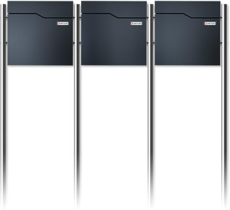 Metzler Standbriefkasten für 3 Parteien in Anthrazit RAL 7016 – Briefkasten freistehend 3er für Mehrfamilienhaus mit Zeitungsfach, Edelstahl Standfüße und austauschbarem Namensschild