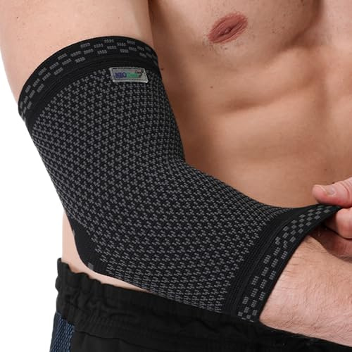 NEOtech Care - Fascia di supporto per gomito - tessuto a maglia in fibra di bambù 3D - Leggero, elastico e traspirante - per golf, tennis, sport - braccio destro o sinistro (Nero, XL, 1 Pezzo)