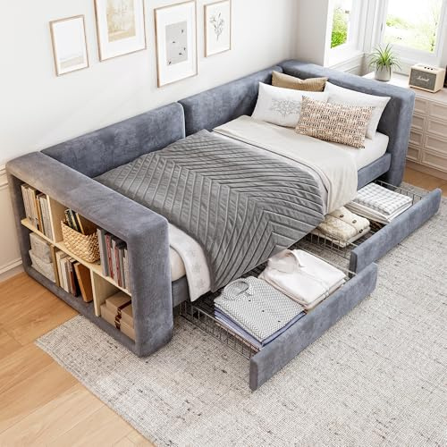 Gelukueub Upholstered Bed 90x190cm, 3ft Single Daybed Sofa Bed, Side Storage Compartment, 2 Drawers on Wheels, Youth Bed, For Adults & Teenagers, Easy Assembly, Velvet, Grey