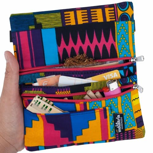 Tabakbeutel mit Doppelreißverschluss – Tabaktasche mit afrikanischem Muster – Drehtabak Tasche & Geldbörse für Papers, Filter, Feuerzeug, Karten und Bargeld (Ghana)