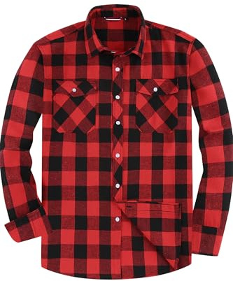 JupiterSecret Chemise en flanelle pour homme, à manches longues, à carreaux, coupe droite, avec col boutonné et poche de poitrine, XL