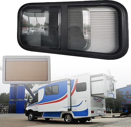 Horizontal Sliding Trailer Window with UV Proof Acrylic Glass, Integrated Roller Blind and Fly Screen for Enhanced Privacy and Insect Protection, Ideal for RV, Caravan, Motorhome, and Yacht