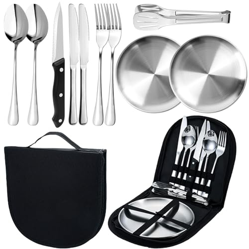 MORAINJAY Silver Camping Cutlery Set for 2 Person,10P Portable Tableware Set for Hiking,Food-Grade Stainless Steel Picnic Utensils Set with Spoons Forks Knife Clip Plate,Case with Zipper