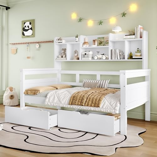 Merax 3ft Kids Single Beds with Storage, Children's Bed with Bookcase, Wooden Bed Frame with Drawers and Guardrail, Wooden Slats, 90x190 cm, White (No Mattress)