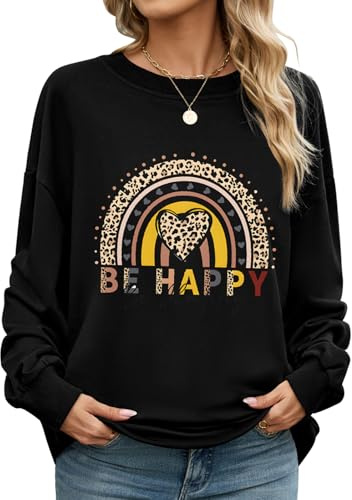 CMTOP Sudaderas Mujer sin Capucha Sudadera Estampada Informal Camiseta Amplio Básico de Manga Larga Sweatshirt Cuello Redondo De Canalé Top Chic Elegante para Primavera Otoño(Negro-E, XXL)