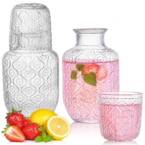 Xygobla 4Pcs Vintage Bedside Water Carafe Set, Bedside Water Carafe and Glass Set, 500ml Glass Juice Pitcher and 150ml Cup, Thicked Glasses Mouthwash Decanter for Bathroom,Bedroom Nightstand,Kitchen