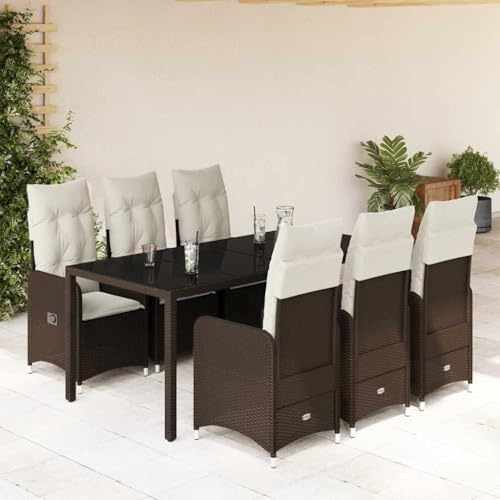 RMIHSJG Ensemble bistro de jardin 7 pièces avec coussins en polyrotin marron, dossier réglable et plateau en verre pour terrasse, balcon, jardin, rembourrage confortable et résistant aux intempéries