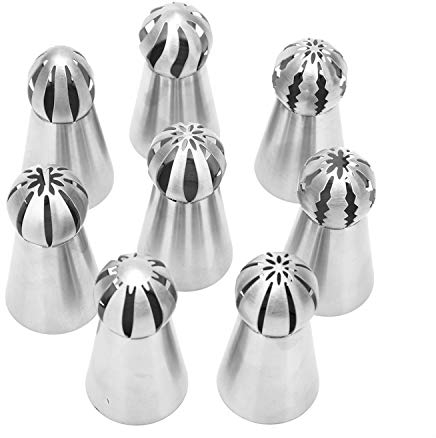 Russian Piping Tips 8 Pcs, DesignerBox Stainless Steel Russian Piping Ball Tips Frosting Icing Piping Nozzles Set Flower Cake Decorating Tips Kit for DIY Baking Cake Decorating Supplies Kit (8 PCS)