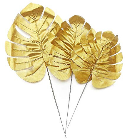 ShoppeWatch Artificial Gold Palm Leaves with Stem (30 Pcs) 3 Sizes | Tropical Wall Decor | Philodendron Monstera Fronds | Wedding Party Decorations | Faux Palm Tree Leaf AF55