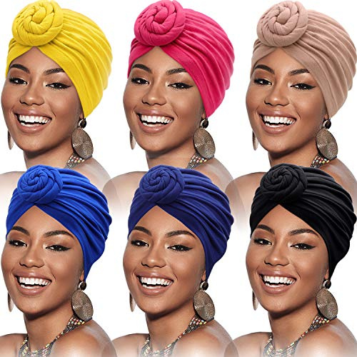 SATINIOR 6 Pcs Turbans Head Wrap for Women Chemo Head Wraps Stretch Soft Pre Tied Knot Fashion Cancer Hat Turban Headwear Cap(Black, Royal-Blue, Rosy, Camel, Navy, Yellow)
