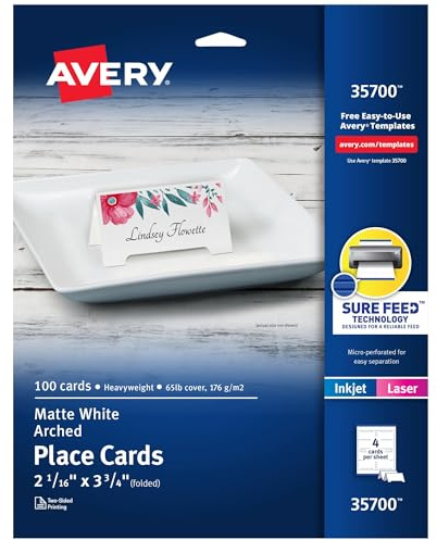 Avery Printable Arched Place Cards with Sure Feed Technology, 2-1/16 x 3-3/4, White, 100 Blank Tent Cards for Laser or Inkjet Printers (35700)