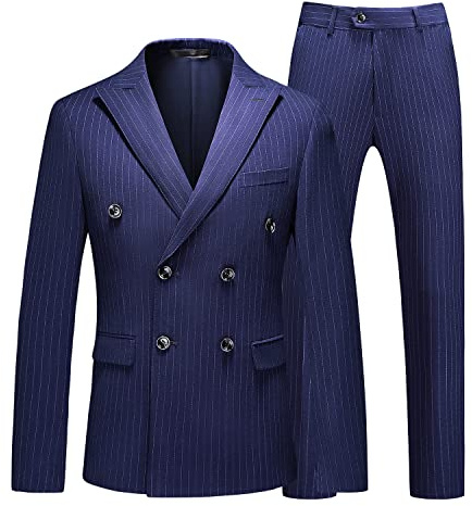 MOGU Mens Suits 3 Piece Double Breasted Suit Pinstripe Slim Fit Tuxedo Jacket Vest Pants for Business Wedding Prom Jacket 38 and Pants 34 Navy