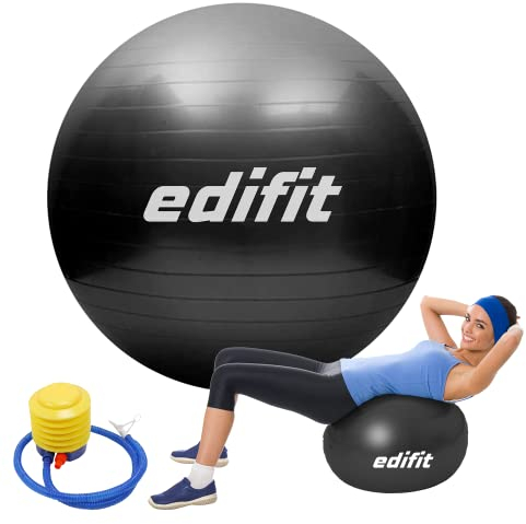 EDIFIT, Ballon Grossesse, 55, 65 et 75, Swiss Ball, Gym, Pilates, Gonfleur Inclus, Fitness Materiel, Gymnastique, Yoga Accessoires (75 cm, Noir)
