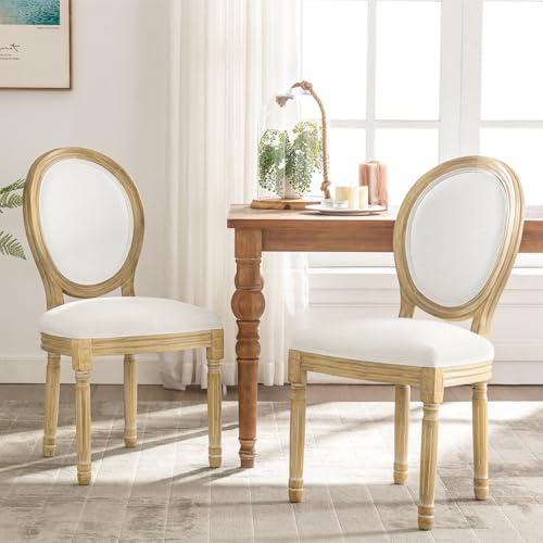 HomeMiYN French Dining Chairs Set of 2 Linen Upholstered Wooden Legs Beige