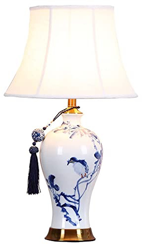 TAMYUSE Lámpara de Mesa de cerámica Jingdezhen Azul clásica, Pantalla de Campana de pájaro y Flores para luz de Tarro de Jengibre, lámpara de cerámica Oriental Grande, Regalo de bendición de la casa