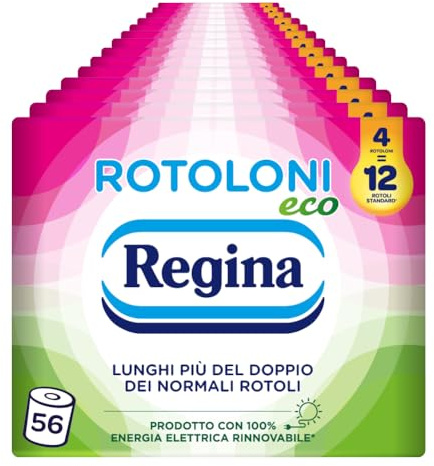 Regina Rotoloni Eco Regina Rotoloni Eco Carta Igienica, Confezione da 56 Rotoli a 2 Veli, 500 Strappi per Rotolo, Bianca e Decorata, Packaging in Carta Riciclabile, Carta 100% Certificata FSC
