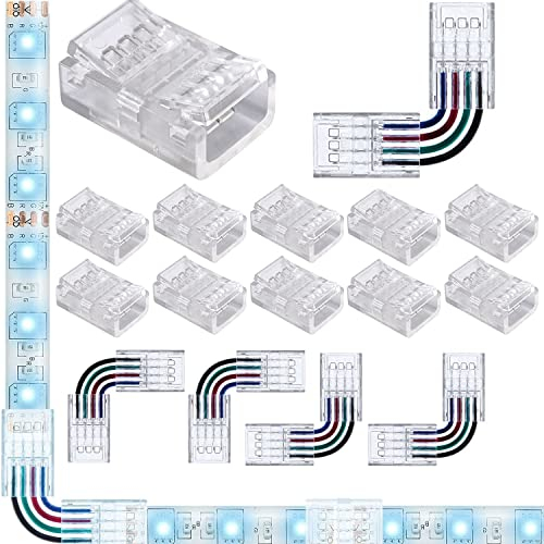 VISSQH LED Strip Connector 4Pin 10 mm for 4-Pin 10 mm RGB SMD 5050 LED Strip Accessories, 10 x LED Strip Connectors, 4 x Corner Connectors, 1 x Open Clip Closure (Upgraded, Transparent)