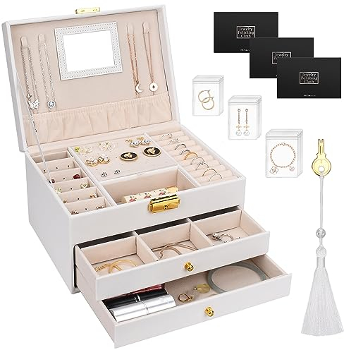 TAVADA Scatola Portagioie, 3 Livelli Porta Gioielli Donna in Pelle, Portagioie Donna con 2 Cassetti, Portagioielli per Anelli, Orecchini, Collane e Braccialetti, Inclusi 3 Panni per Lucidare 1 Nappa