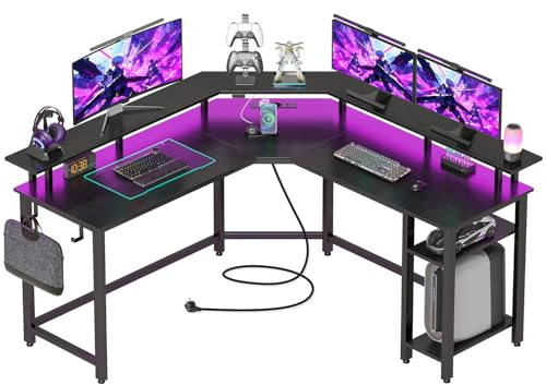 Rolanstar L-Shaped Gaming Desk with LED Lights, Power Outlets, Corner Computer Desk with Storage Shelves - PC Writing Table for Home Office, Black (135x135x86cm)