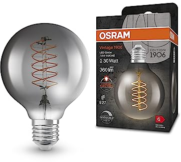 OSRAM Vintage 1906 LED-Lampe mit Smoke-Tönung, 7,8W, 360lm, Kugel-Form mit 80mm Durchmesser & E27-Sockel, warmweiße Lichtfarbe, spiralförmiges Filament, dimmbar, bis zu 15.000 Stunden Lebensdauer